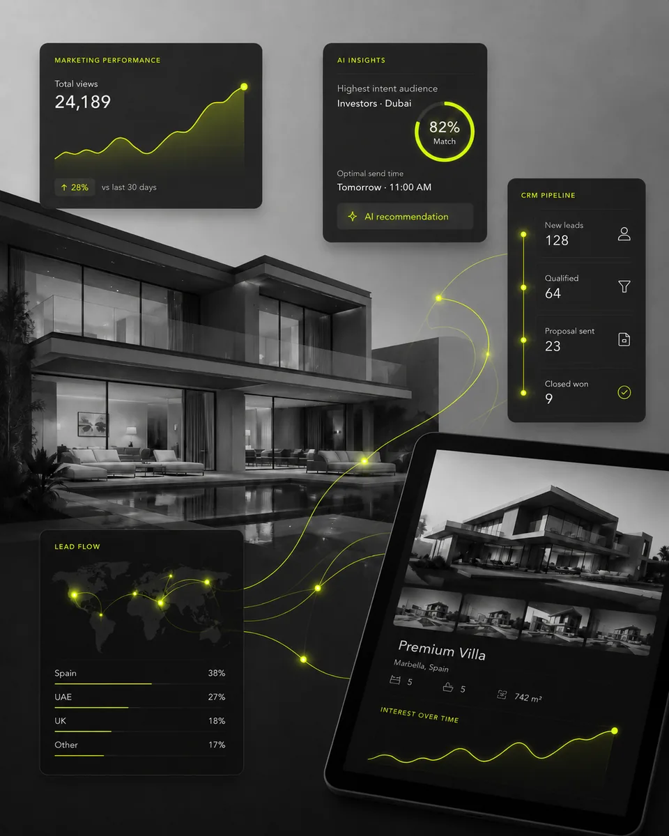 High-end visualization of innovative real estate marketing with architectural imagery, dashboards and branded neon-lime data lines.