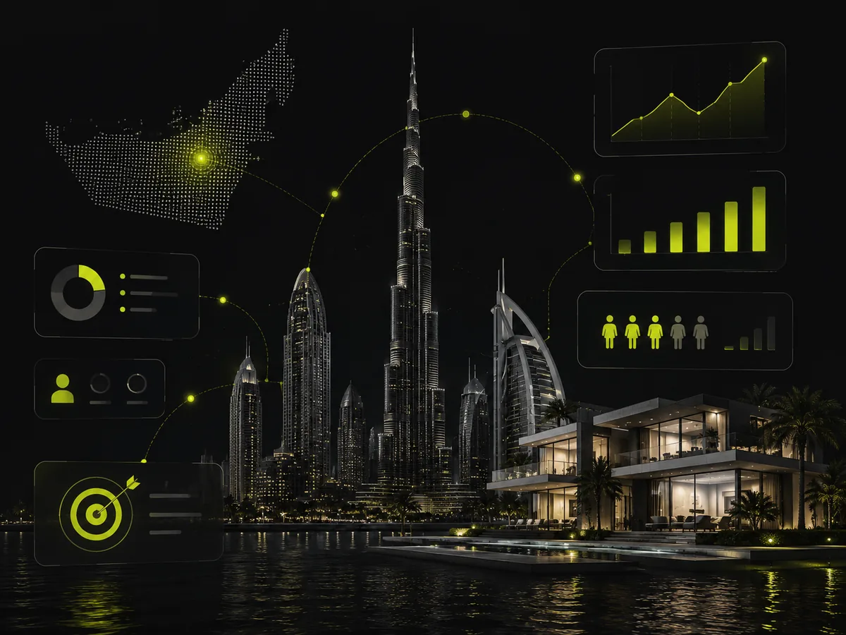Dubai UAE real estate marketing visualization with analytics overlays