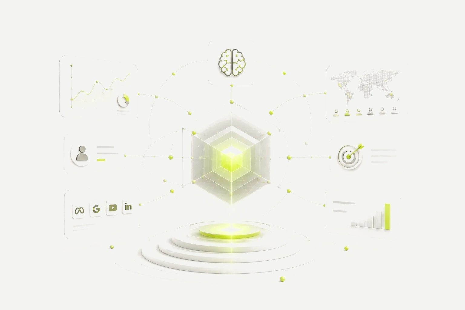 AI marketing system hub connecting analytics users and workflows