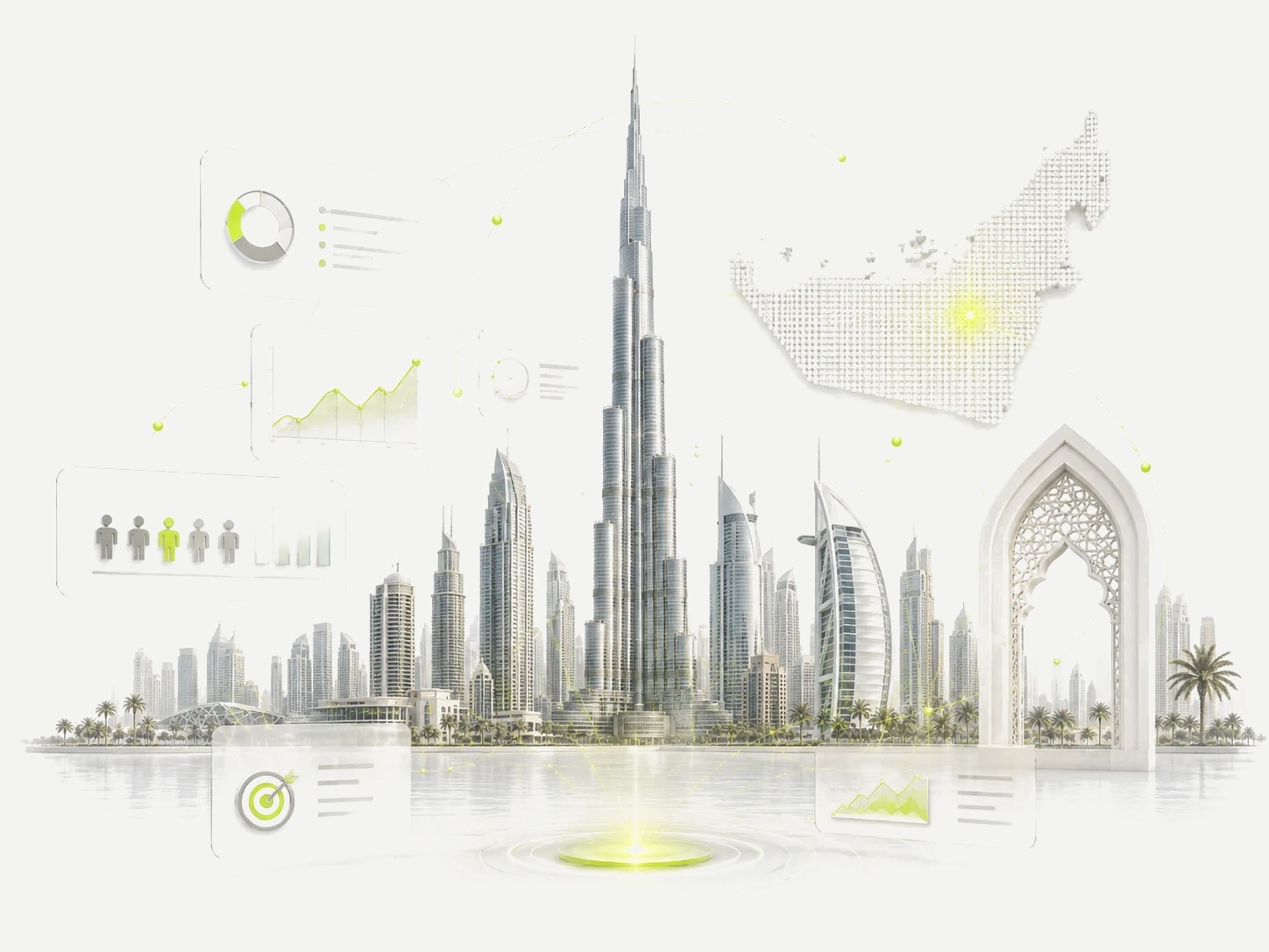 Digital marketing visual for Dubai with Burj Khalifa and analytics panels