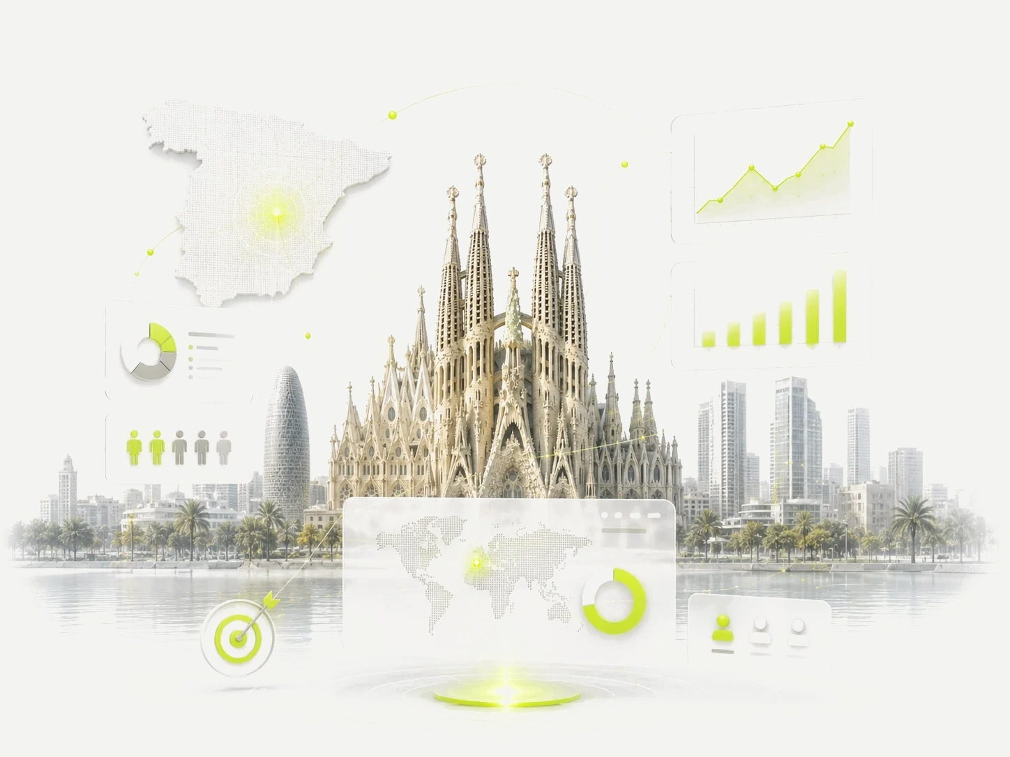 Digital marketing visual for Spain with Sagrada Familia and analytics panels