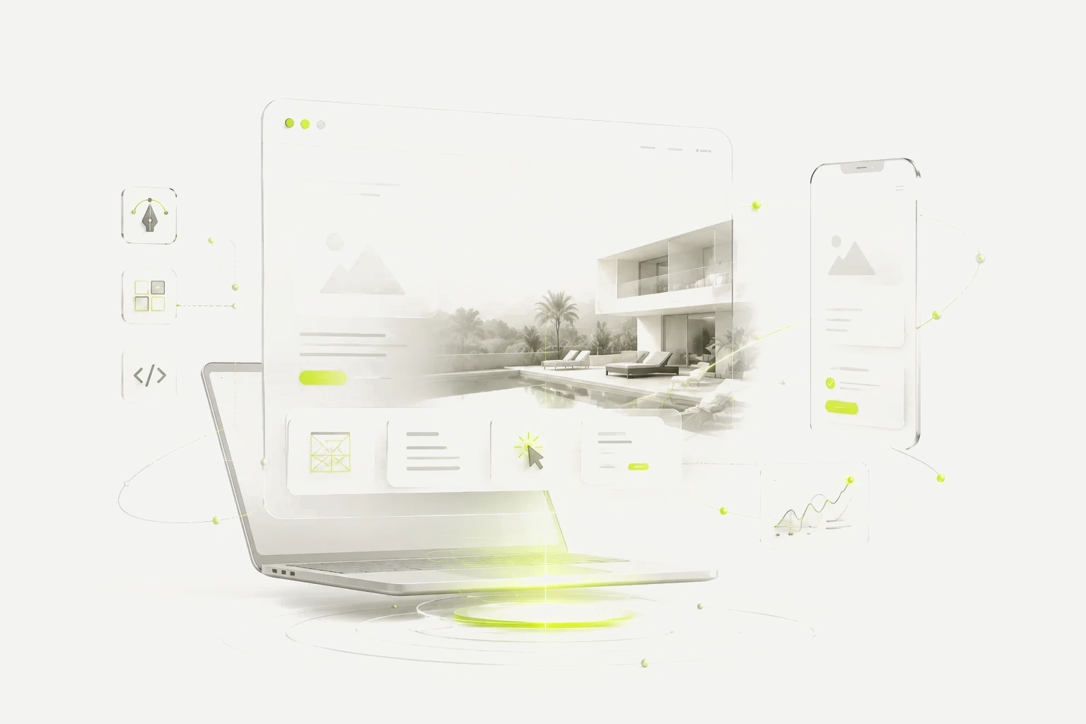 Futuristic website and landing page interface with devices